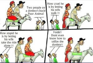 man, woman, and donkey comic